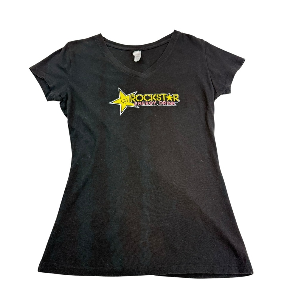 Rockstar Energy Womans Sz LG Black Graphic Print Short Sleeve T Shirt V Neck Y2K